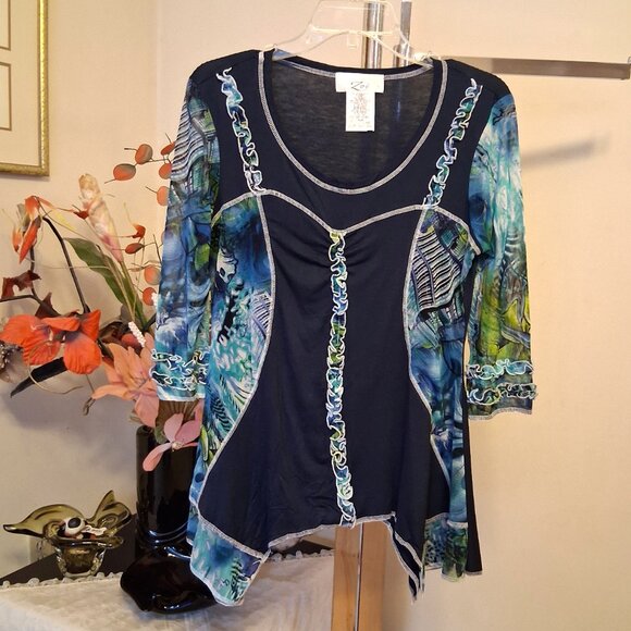 NWT Zoe Women's Navy-Blue Teal Patchwork Design Blouse ¾ Sleeve Top Size 10 M - Picture 6 of 9